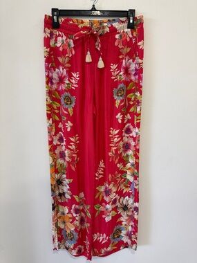 New Johnny Was Silk Red Floral Wide-Leg Drawstring Pants- XS